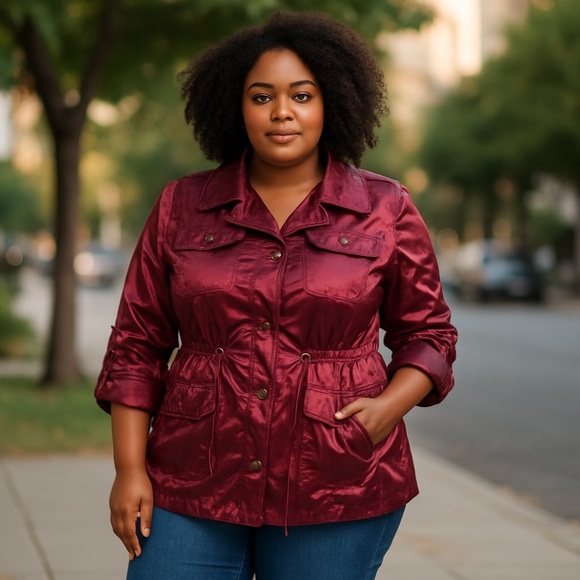 Metallic Red Utility Cargo Raincoat Button Front Drawstring Ruby Rd Size 18 - Picture 15 of 15